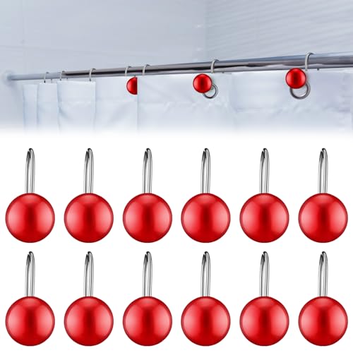 Otoolling 12 Pcs Christmas Ball Shower Curtain Hooks Ball Ornament Shower Christmas Curtain Rings Holiday Hooks Decorative Holiday Bathroom Accessories for Winter Bathroom Decoration(Red)