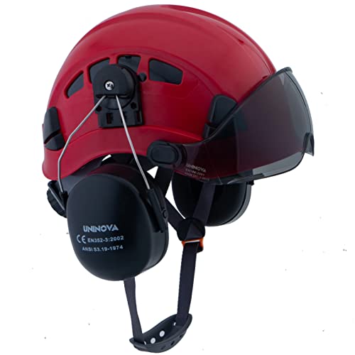 OSHA-Sicherheitshelm für Baumhauerhelm, Forsthelm, Kettensägenhelm mit Visier und Ohrenschützern, Baumdienst, Gartenarbeit (A91 rot + rauchfarbenes Visier + Ohrenschützer) Cover
