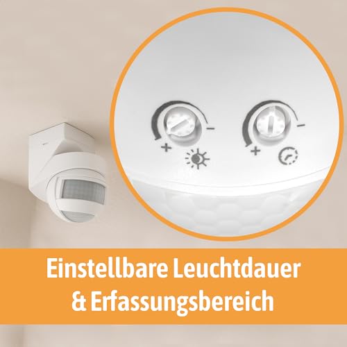 SSC-LUXon KELEA Bewegungsmelder Weiss aussen & innen Aussenbereich IP54 für Wand, Decke & Ecken - PIR Sensor bis 12m Winkel 180° & 360° schwenkbar mit Dämmerungssensor