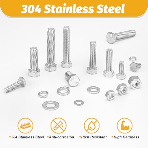 Image of Kadrick 744Pcs 18-8(304) Stainless Steel Hex Bolts Assortment,1 /4-20 5 /16-18 3 /8-16 Heavy Duty Bolts and Nuts Kit, Assorted SAE Bolts Nuts Flat&Lock Washers,Lenth Form 1 /2''-2''