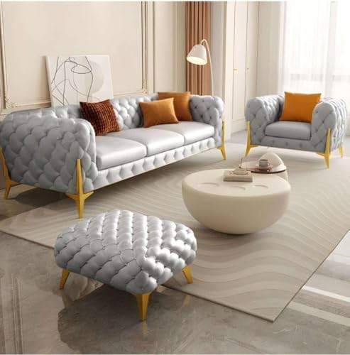 Image of Chesterfield Velvet Upholstery 3-Seater with Armchair and Footrest, Design in 3+1+Footrest Sofa for Living Room, Bedroom, Hallways (Light Grey)