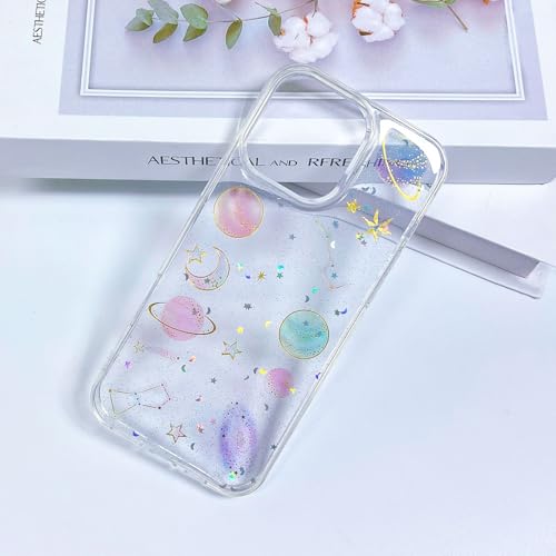 Coque iPhone 16 Pro transparente à paillettes motif planète et étoiles