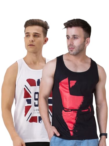 Image of Veirdo Pure Cotton Sleeveless Vest Combo for Men & Boys (Scoop Neck, Regular Fit, Multicolor, Printed, Suitable for Gym, Beach, Casual & Sports) (Pack of 2)
