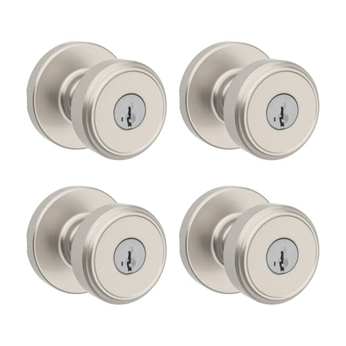 Image of Kwikset Maven Entry Door Knob with Lock and Key, Secure Keyed Handle Exterior, Front Entrance and Bedroom, Satin Nickel, 4 Pack, Pick Resistant SmartKey Rekey Security and Microban