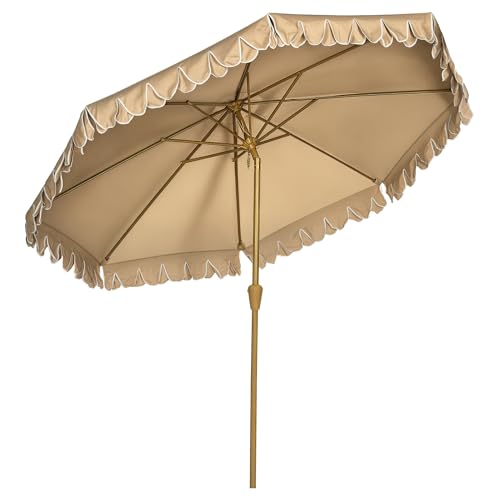 Outsunny Sombrilla de Terraza Ø264x240 cm Parasol de Jardín con Ángulo Ajustable Manivela y Volantes Impermeable para Playa Patio Balcón Caqui