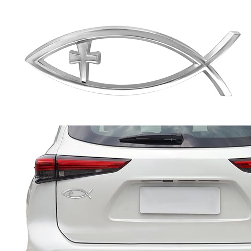 Image of Christian Cross Fish Auto Emblem, Jesus Fish Car Emblem, Weatherproof Christian Symbol Ichthus Cross Decal, Chrome Sliver Badge Bumper Stickers Car Accessories Fit for Most Vehicles (Silver)