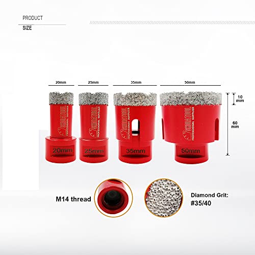 SHDIATOOL Dry Diamond Drill Core Bits 4pcs/Set Dia 20/25/35/50mm Vacuum Brazed M14 Connection for Tile Porcelain Granite Marble