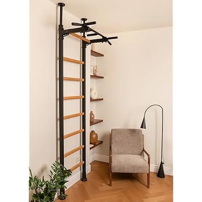 BenchK 521B Wallbars, Stall Bars, Swedish Ladder, Gymnastic Ladder with Fixed Steel 6-Grip Pull Up Bar, Floor to Ceiling or Wall Mounting for Suspension Training and Stretching, Home, Gym