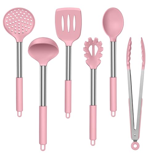 LIANYU Silicone Kitchen Utensils, 6 Pcs Cooking Utensils Spatula Set, Pink