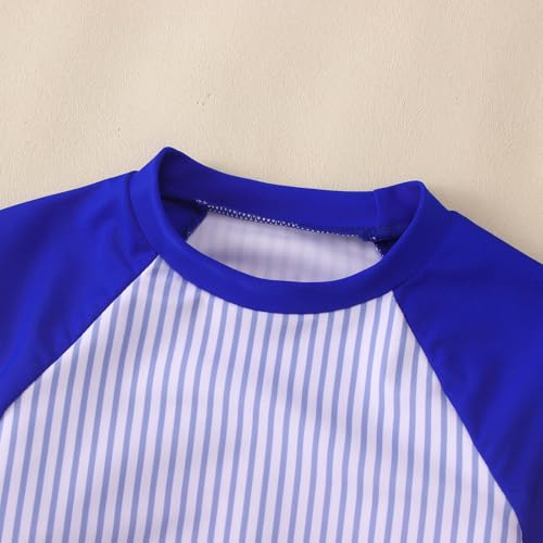Image of Ritatte Girls Rash Guard Swimsuit 2 Pieces Stripe Bathing Suit Long Sleeve Rashguard Beach Shorts Summer Swimwear 7-12T(Dark Blue,10-11T(150))