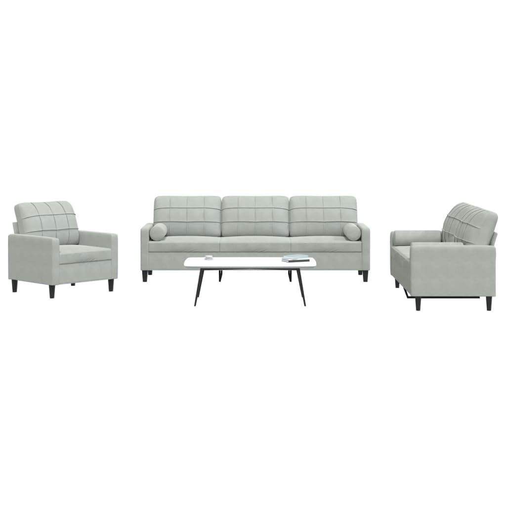 3-częściowy komplet sof, jasnoszary, aksamitny, w zestawie z fotelem, 2-i 3-osobowa sofa, z poduszkami i rolkami pod kark, wytrzymały metalowy stelaż do salonu