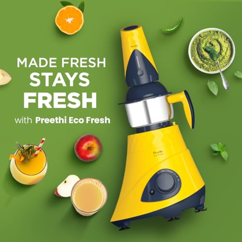 Preethi Eco Fresh Mixer grinder | 750 Watt Mixie | Made fresh, stays fresh | Food Sense Technology|grinding+ Storage jar |MG-291 (Yellow)