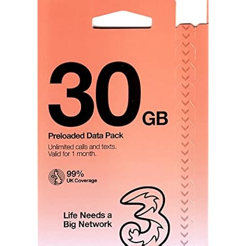 Three UK New PrePaid Europe (UK Three) SIM Card 30GB Data Unlimited Minutes/Texts for 30 Days with Free Roaming/USE in 71 Destinations Including Europe, South America and Australia (30GB) Cover