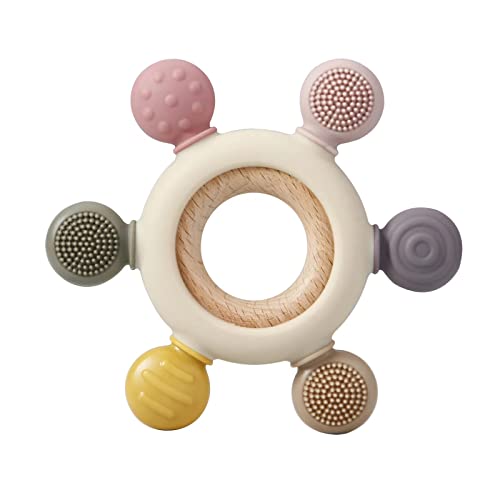 PandaEar Baby Teething Toy| Silicone Rudder Baby Teether 0-6 6-12 Months with Wooden Rings for Soothing Teething Relief| Shower Gift for lnfants & Toddlers