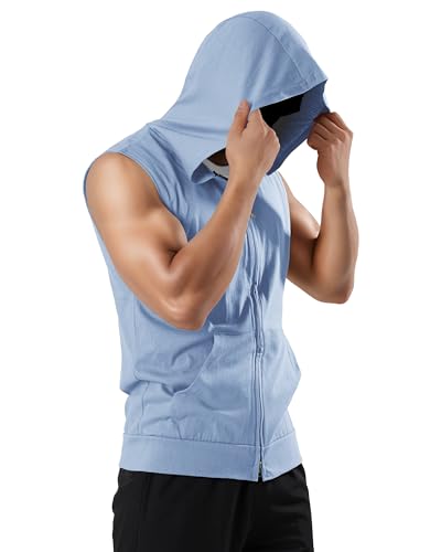 Ohoo Men's Slim Fit Workout Hooded Tank Tops Two Way Zip Up Sleeveless Gym Shirts Bodybuilding Hoodies 100% Cotton4
