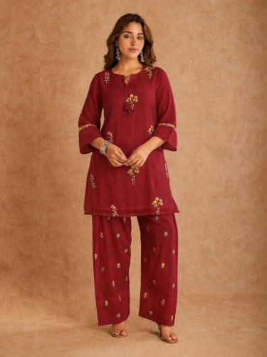 Image of ANNI Designer Farshi Salwar Suit for Women Viscose Embroidered | Co Ord Set for Woman | Straight Kurta Palazzo Outfit Round Neck V Slit 3 /4 Sleeve Ethnic Dress Womens Clothing