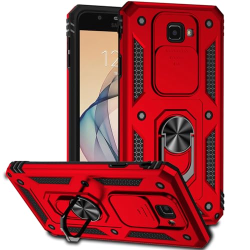 Tothedu Case for Galaxy J7 Prime Case, Samsung J7 Prime Case with Slide Camera Cover, Built-in 360° Rotate Ring Kickstand Magnetic Shockproof Phone Cover for Samsung Galaxy J7 Prime Red