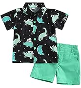 Toddler Baby Boy Clothes Shorts Set Dinosaur Print Shirt Short Sleeve Button Down Top Solid Short...