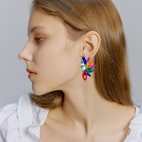 Bohemian Statement Sparkly Colourful Fancy Rhinestone Crystal Flower Dangle Drop Stud Earrings Vintage Wedding Bridal Prom Earrings for Women3
