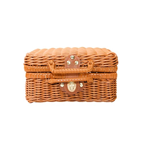 CINWEN Natural Handwoven Wicker Handbag,Rectangular Basket Purse,Women Straw Tote,Wicker Square Crossbody Rattan Bag,Boho Bag Woven Handbag