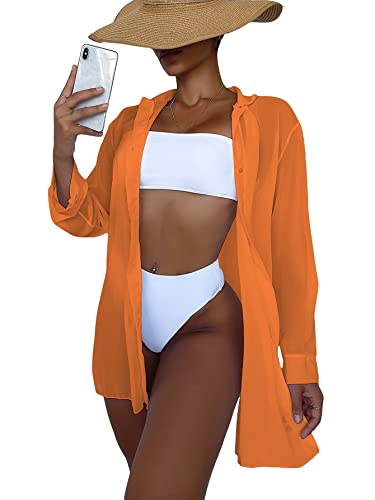 SHENHE Women's Sheer Button Up Long Sleeve Beach Kimono Cover Up Shirt Sun Dresses