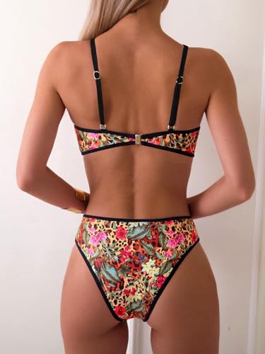 Image of Fanuerg Women's Triangle Bikini Sets O Ring Linked Two Piece Swimsuits Floral Printed Cheeky Bathing Suit