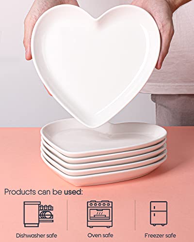 DELLING Heart Shaped Dessert Salad Plates- 6 Pack, 7.3 Inch Ceramic White Dinner Plates, Heart Dishes for Dessert, Appetizer, Steak, Snacks, Microwave & Oven Safe, Thanksgiving & Christmas Day Gifts