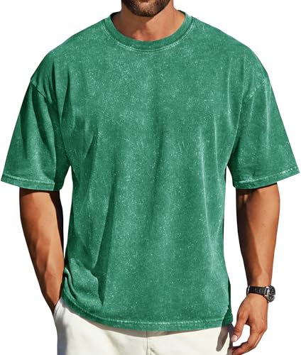 rosemia オーバーサイズ Tシャツ 男性用 ヴィンテージ 半袖 シャツ アシッドウォッシュ ベーシックTシャツ, 1個:プレーン ライトグリーン, XX-Largeの商品画像（Amazon）