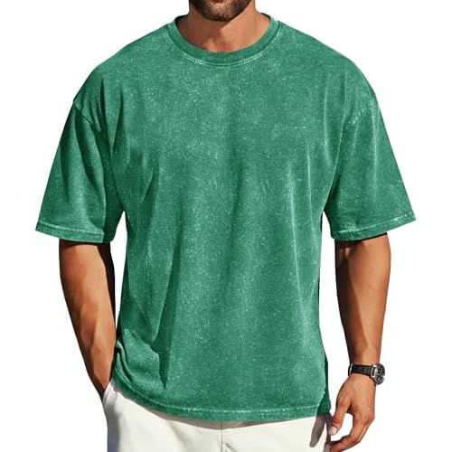 rosemia Oversized Tshirts for Men Vintage Short Sleeve Shirts Acid Wash Basic Tees, Plain Light Green, S