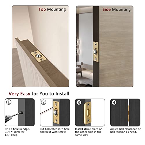 Image of JQK Closet Ball Catch Door Hardware, Stainless Steel Catch Adjustable with Strike Plate, Gold Finish 2 Pack, HBC100-BG-P2