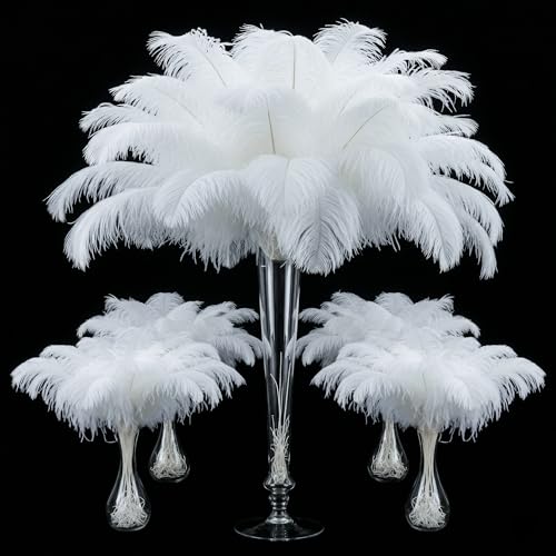 Lamar 201 Pcs White Ostrich Feathers 14-16 12-14 10-12 8-10 Large Ostrich Feathers for Wedding Centerpieces Bulk Feathers for Floral Arrangements Event & Home Decor