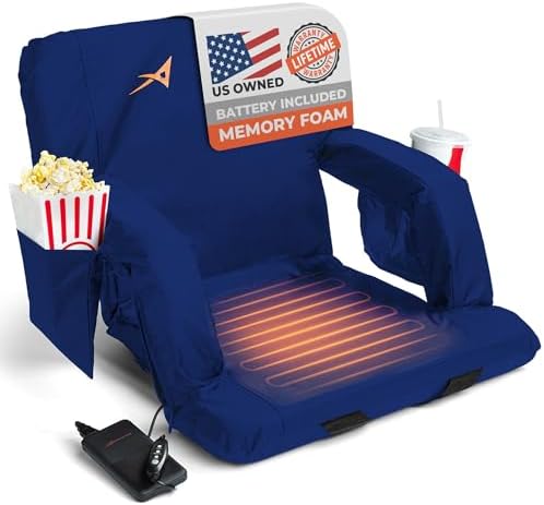 Heated Stadium Seats for Bleachers with Back Support – USB Battery Included - Upgraded 3 Levels of Heat - Foldable Chair - 4 Pockets for Snacks, Cup Holder - for Camping, Games & Sports (Navy Blue)