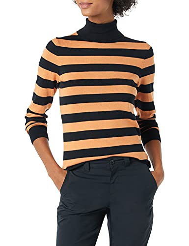 Amazon Essentials Jersey de Cuello Vuelto, Manga Larga, Ligero y de Ajuste Clásico (Disponible en Tallas Grandes) Mujer, Negro Camel Raya de Rugby, M