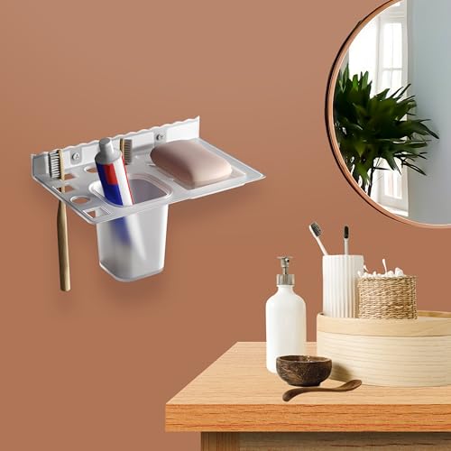 Image of GLOXY Unbreakable Transparent Wall Mount ABS Toothbrush & Tumbler Holder with Soap Dish, Usable for Bathroom and Wash Basin Area, Bathroom Accessories
