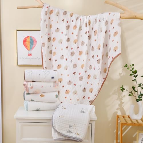 Image of Ultra Soft 6-Layer Muslin Baby Blanket 43 inchx43 inch Happy Fall Pumpkin Breathable Lightweight Muslin Cotton Swaddles Bed Blankets for Toddlers Babies Newborn Birthday Gifts All Seasons