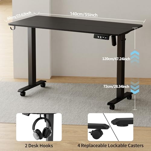 TIQLAB Standing Desk 55 x 24 inch, Electric Height Adjustable with Splice Board, Stand Up Desk, Sit Stand Desk Computer Desk for Home Office, Black Frame/Black Top