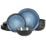 Gibson Elite Nardini 12 Piece (Service for 4) Plates and Bowls Reactive Glaze Dishes Stoneware Ceramic Dinnerware Set - Black and Blue
