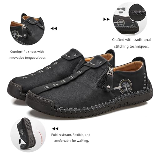 Men's Vintage Breathable Leather Loafers – Flat Slip-On Driving Shoes with Zipper, Casual Comfort （Size 7-13.5）3