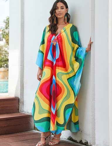 Image of KECVOT Kaftan Dresses for Women Plus Size Batwing Sleeve Caftans Long Bathing Suit Cover Up Maxi Beach Dress Loungewear