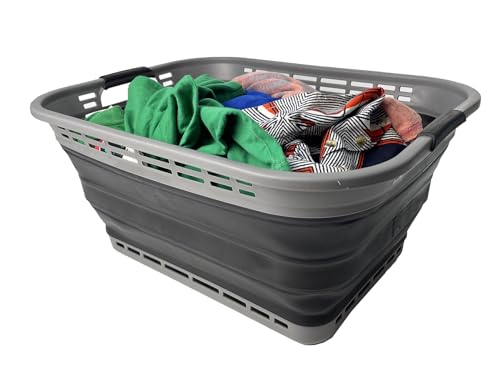 SAMMART 42L (11 Gallons) Collapsible Plastic Laundry Basket - Foldable Pop Up Storage Container/Organizer - Portable Washing Tub - Space Saving Hamper/Basket [BPA Free] (Grey/Black)