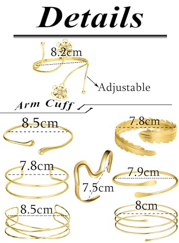 Tornito 8Pcs Arm Cuff Open Upper Arm Band Bangle Bracelet Coil Flower Feather Swirl Filigree CZ Armlet Jewelry for Women Men Gold Tone Size Adjustable2