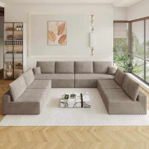 Image of Oversized Modular Sectional Sofa Couch, Large 8 Seater Corner Sofa Modern U Shaped Sectional Couch Cloud Couches for Living Room, Office, Spacious Space, Corduroy, No Assembly Required, Camel