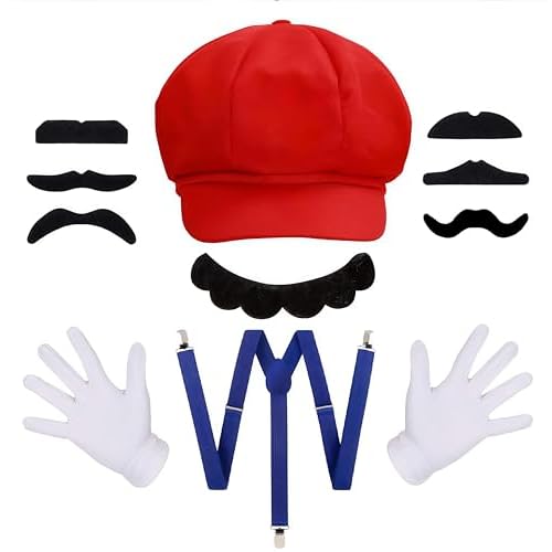 NebulaGlam Halloween Disfraz Mario Bros Mario y Luigi Rojo Sombrero Bigote Guantes Tirantes Cosplay Disfraz Carnaval Halloween Mujer Hombre Niños Fiesta Disfraz Accesorios