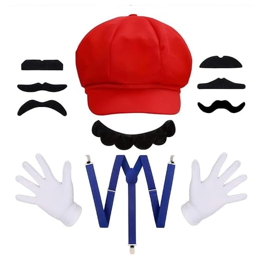 NebulaGlam Halloween Disfraz Mario Bros Mario y Luigi Rojo Sombrero Bigote Guantes Tirantes Cosplay Disfraz Carnaval Halloween Mujer Hombre Niños Fiesta Disfraz Accesorios