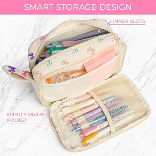 Image of WOBAGMEN Cute Pencil Case,Large Corduroy Zippered Pencil Case Pouch, aesthetic Pencil Bag with Compartments, Pencil Pouch School Supplies (HY-corduroy pc-coloful bow)
