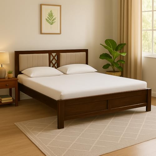 Excel Home Solid Sheesham Wood King Size Bed Without Box Storage | Wooden Double Bed & Upholstered Cushined Headboard For Bedroom | Rosewood, Scratch Resistant Provincial Teak Finish
