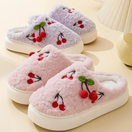 Gaolinci Cherry Cotton Slippers for Women, Wool-Like Winter Warm Slippers3