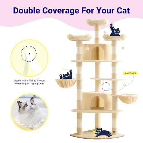 Image of Allewie 73in Fan-Shaped Space-Saving Corner Cat Tower /Multi-Level Tall Cat Tree for Indoor Kitties /Cozy Baskets /Condos /House /Perches /Sisal Scratching Posts /Pet Activity Center /Beige