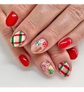 Mkwntg Christmas Press on Nails Short Almond Fake Nails with Cute Gingerbread Man Candy Design Gl...