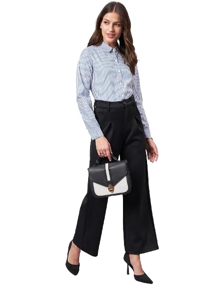 Image of Style Quotient Women Self Design Stripe Blue and White Polycotton Formal Shirt